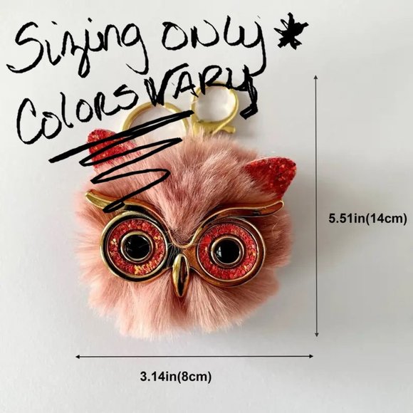 Fuzzy OWL Pom Pom Bag Charm Keychain Purse Blue Glasses Rhinestones Glam Trendy - Picture 2 of 2